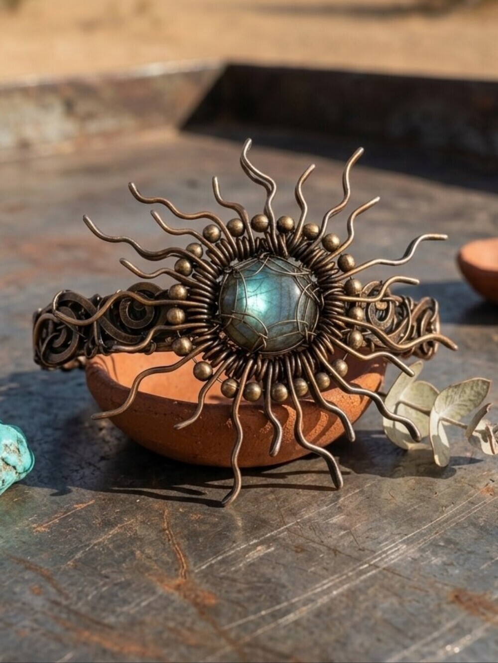 Copper Brass Labradorite Sunburst Cuff Wire Wrapped Boho Statement Adjustable